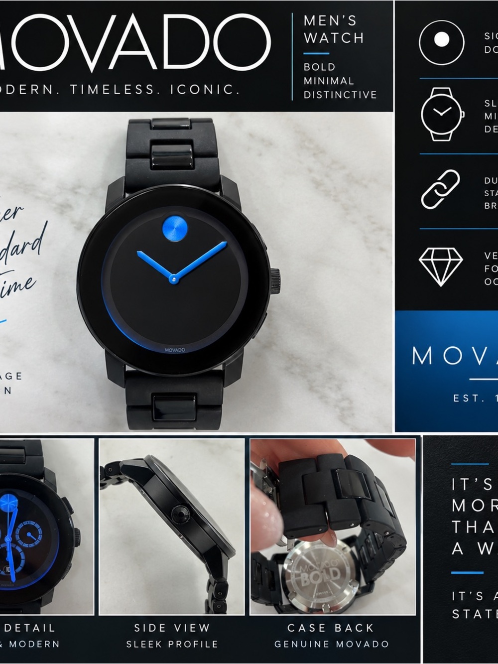 Movado Black Watch with Blue Accents
